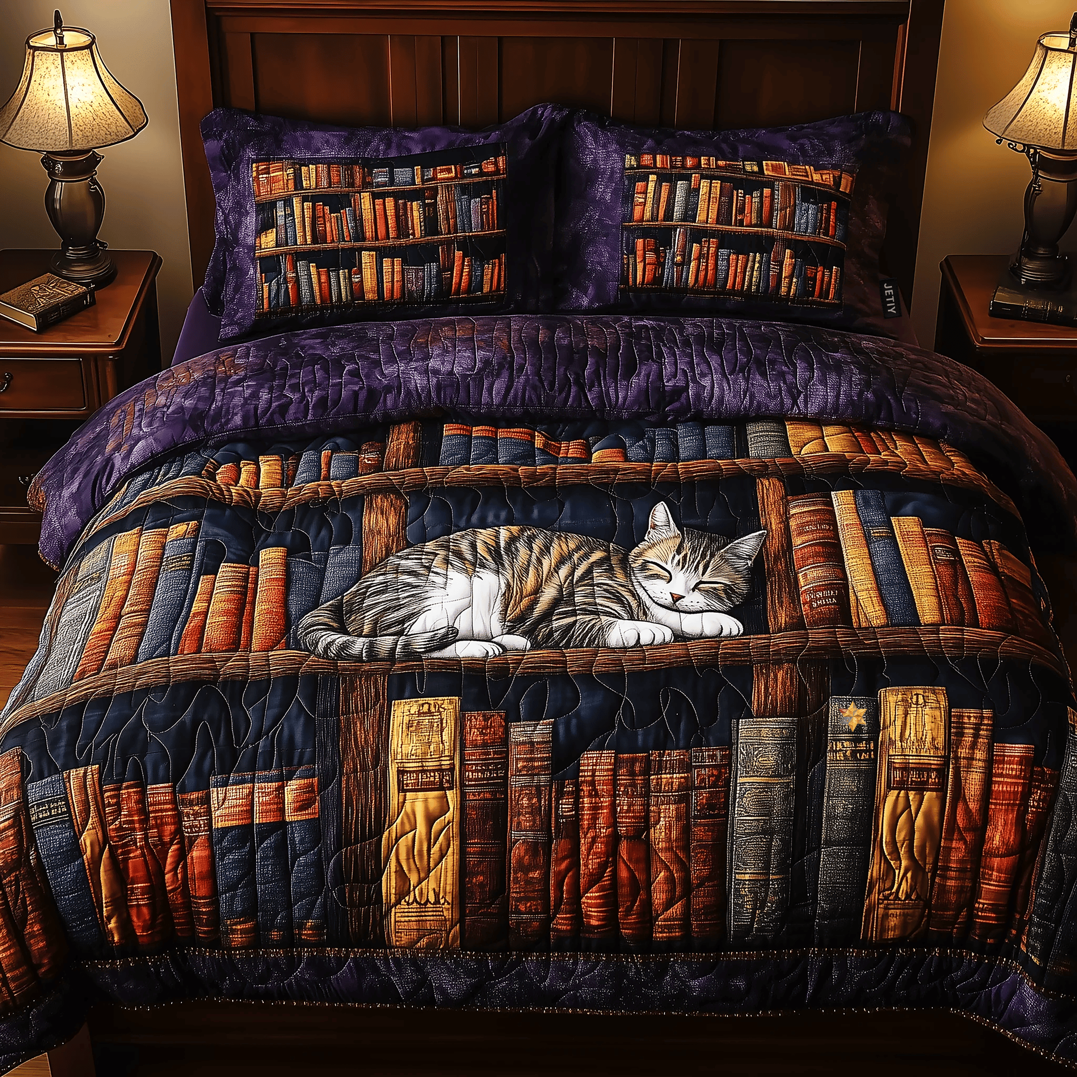 Vintage Cat Bookshelf Quilted Bedding Set Library Bookcase Comforter Sets Gift Idea