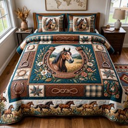 Western Soul Quilted Bedding Set Horseshoe Floral Comforter Sets Gift For Dad