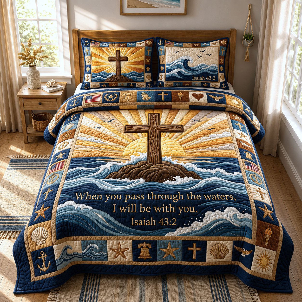 Ocean Bible Quote Quilted Bedding Set Sunset Ocean Wave Duvet Covers Gift Idea