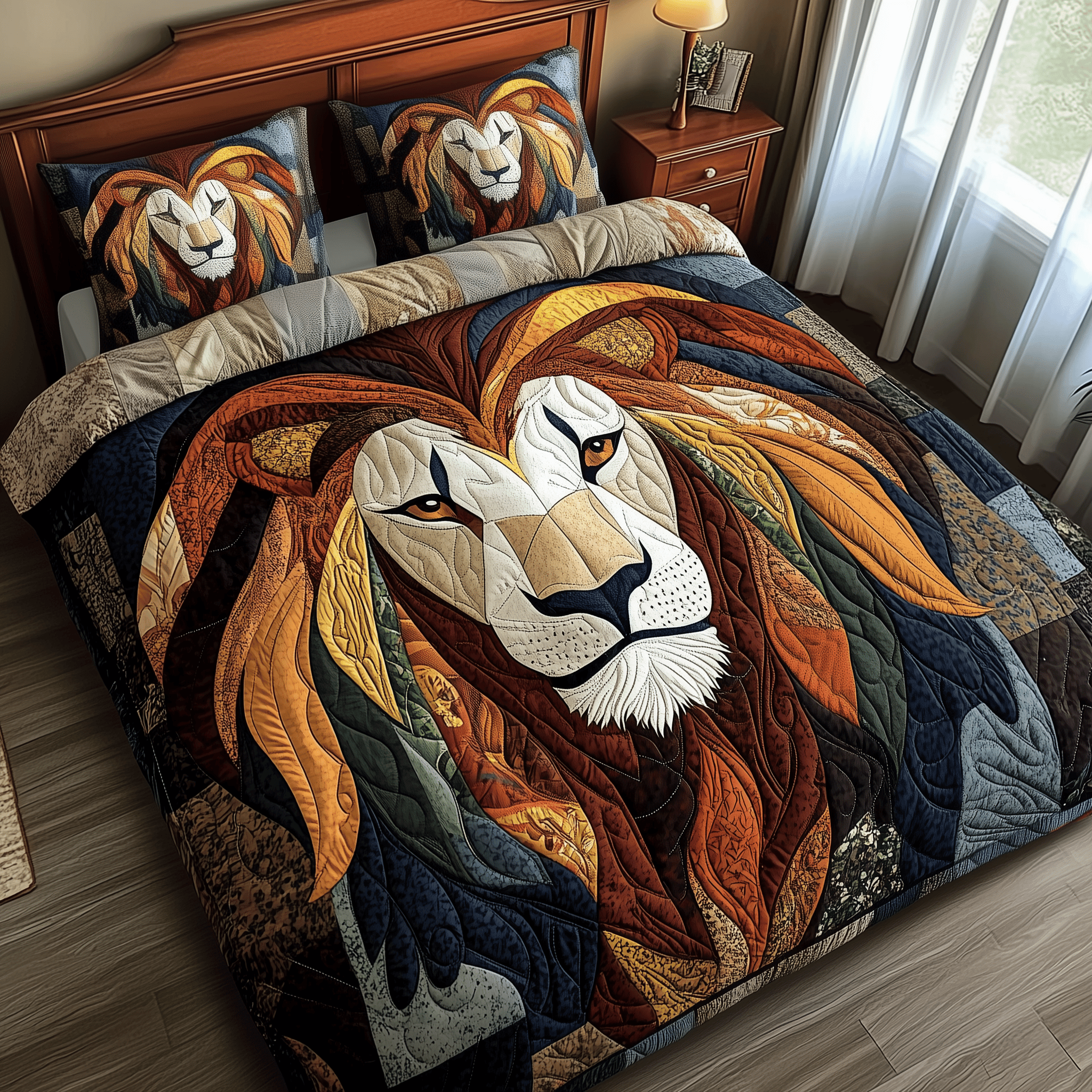 Mighty Lion Quilted Bedding Set Wildlife Nature Glow Duvet Covers Gift For Him
