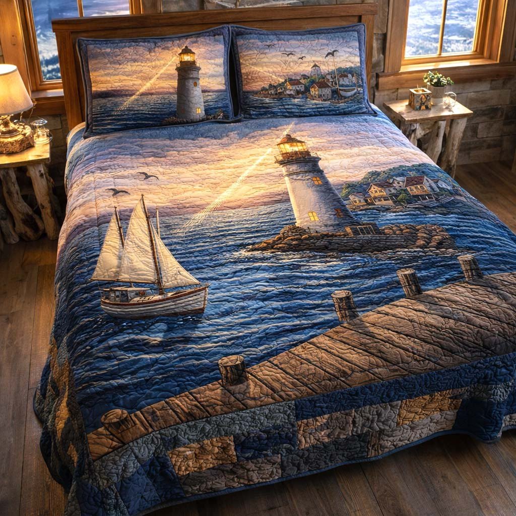 Shoreline Glow Quilted Bedding Set Ocean Lighthouse Comforter Sets Coastal Bedroom Decor