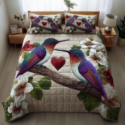 Hummingbird Embrace Quilted Bedding Set Love Birds Flower Twin Bed Sheets Gift for Dad