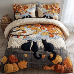 Spooky Black Cat Quilted Bedding Set Autumn Fall Leaves  Duvet Covers Gift For Brother