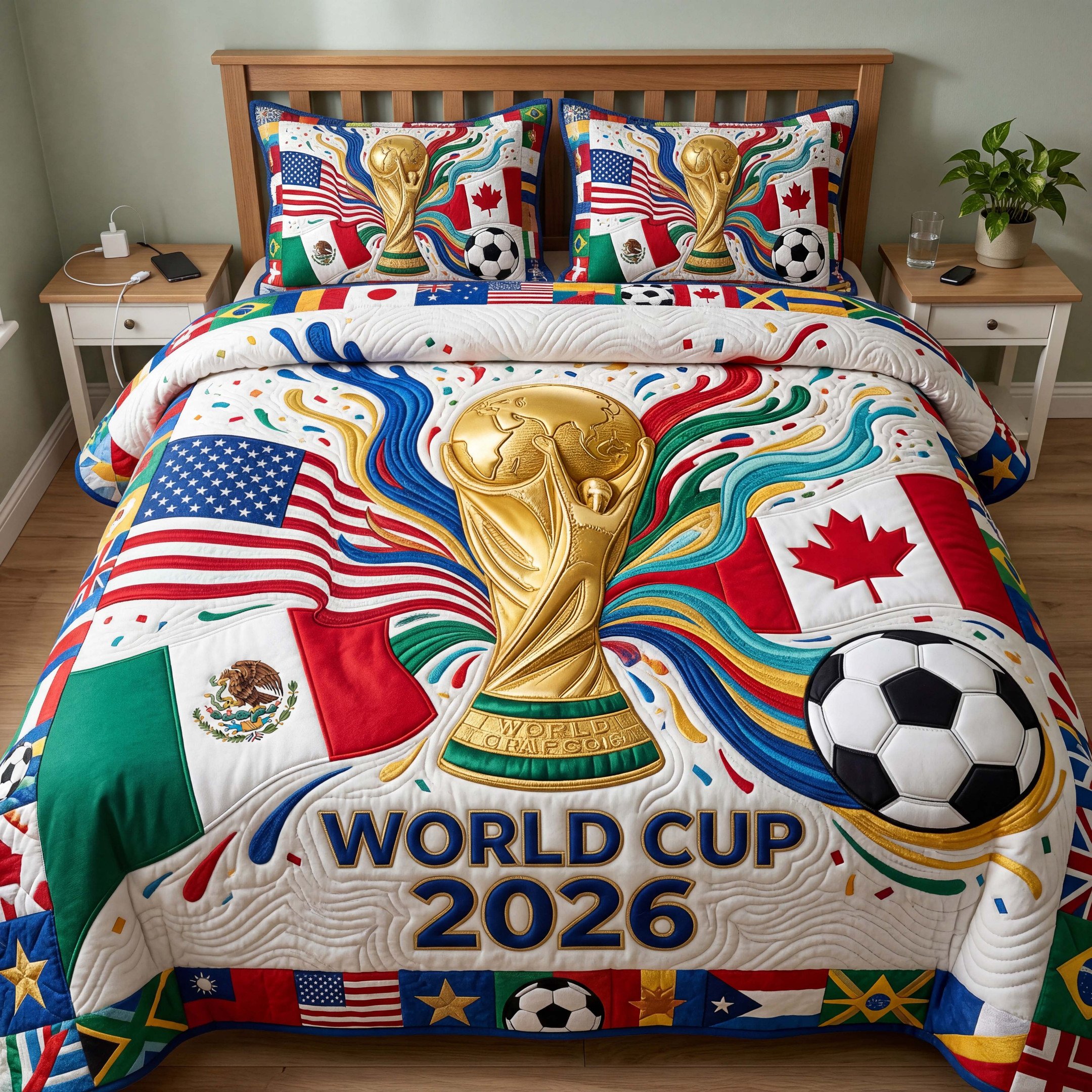 Tri Nation Trophy Quilted Bedding Set  World Cup 2026 Duvet Covers gift For Him