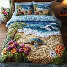 Sea Turtle Serenity Quilted Bedding Set Hibiscus Floral Coastal Comforter Nature Lover Gift