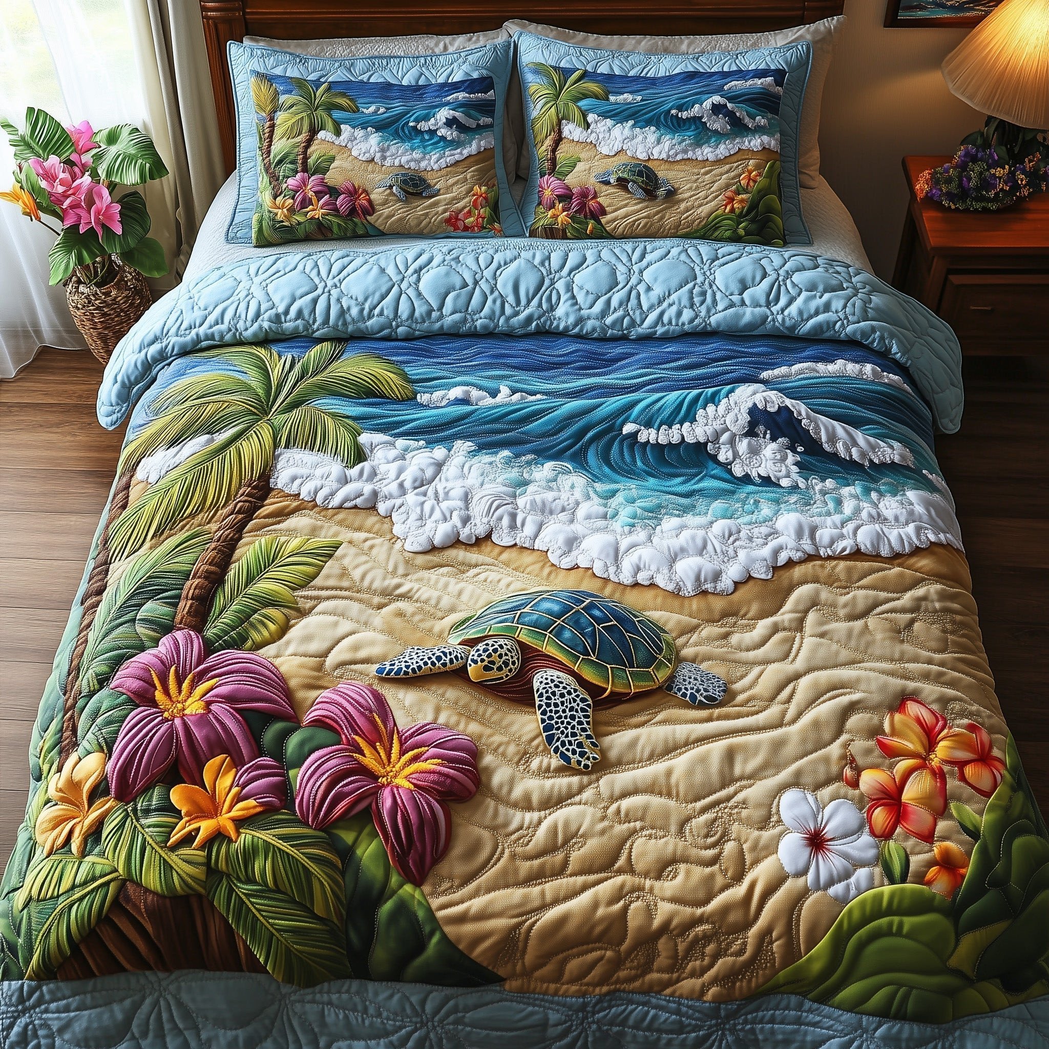 Sea Turtle Serenity Quilted Bedding Set Hibiscus Floral Coastal Comforter Nature Lover Gift