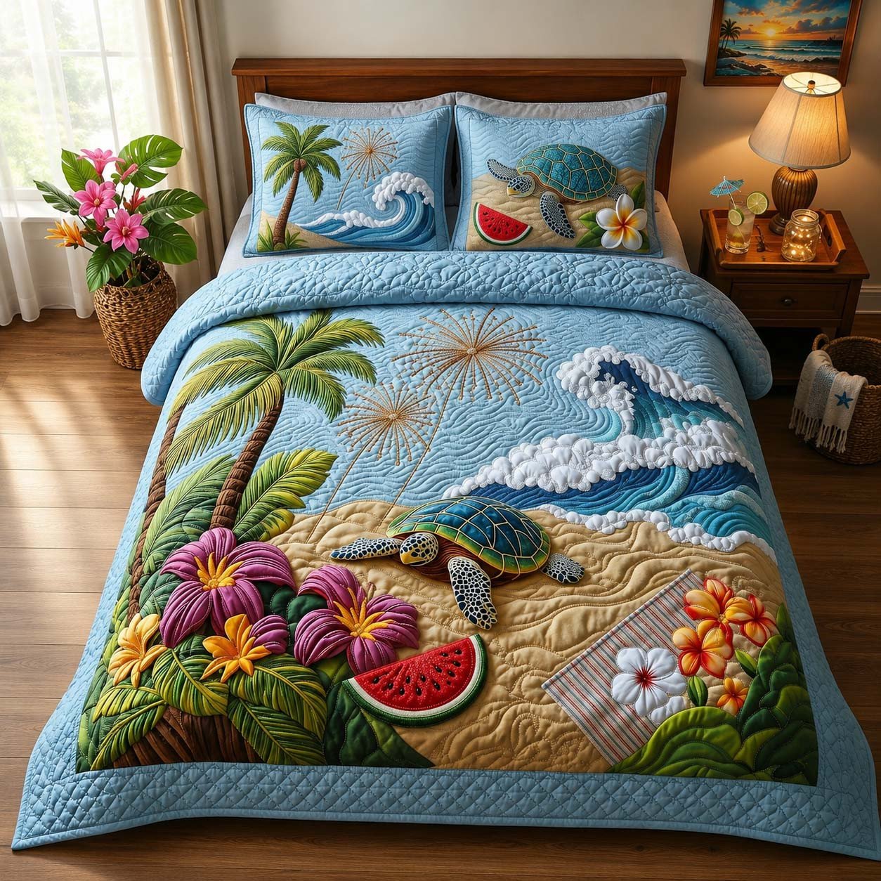Sea Turtle Quilted Bedding Set Tropical Sea Turtle Duvet Covers Coastal Home Decor