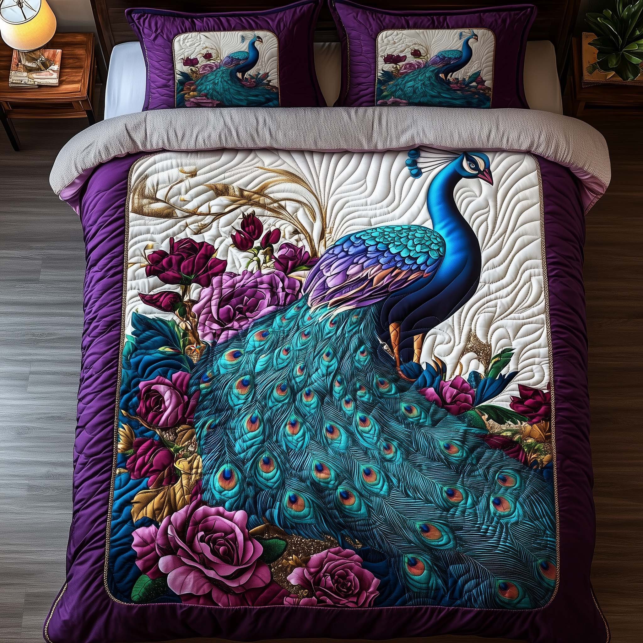 Serene Peacock Quilted Bedding Set Elegant Best Duvet Covers Gift For Grandma