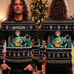 Grateful Dead Bertha Skeleton Playing Guitar Ugly Christmas Sweater Grateful Dead Xmas Wear