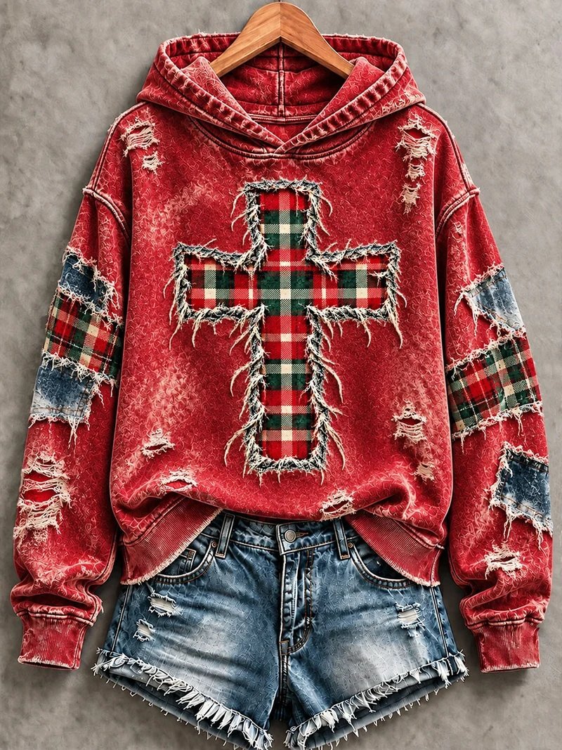 Patchwork Plaid Cross Print Casual Hoodie Women_s Vintage Christmas Clothing Gifts
