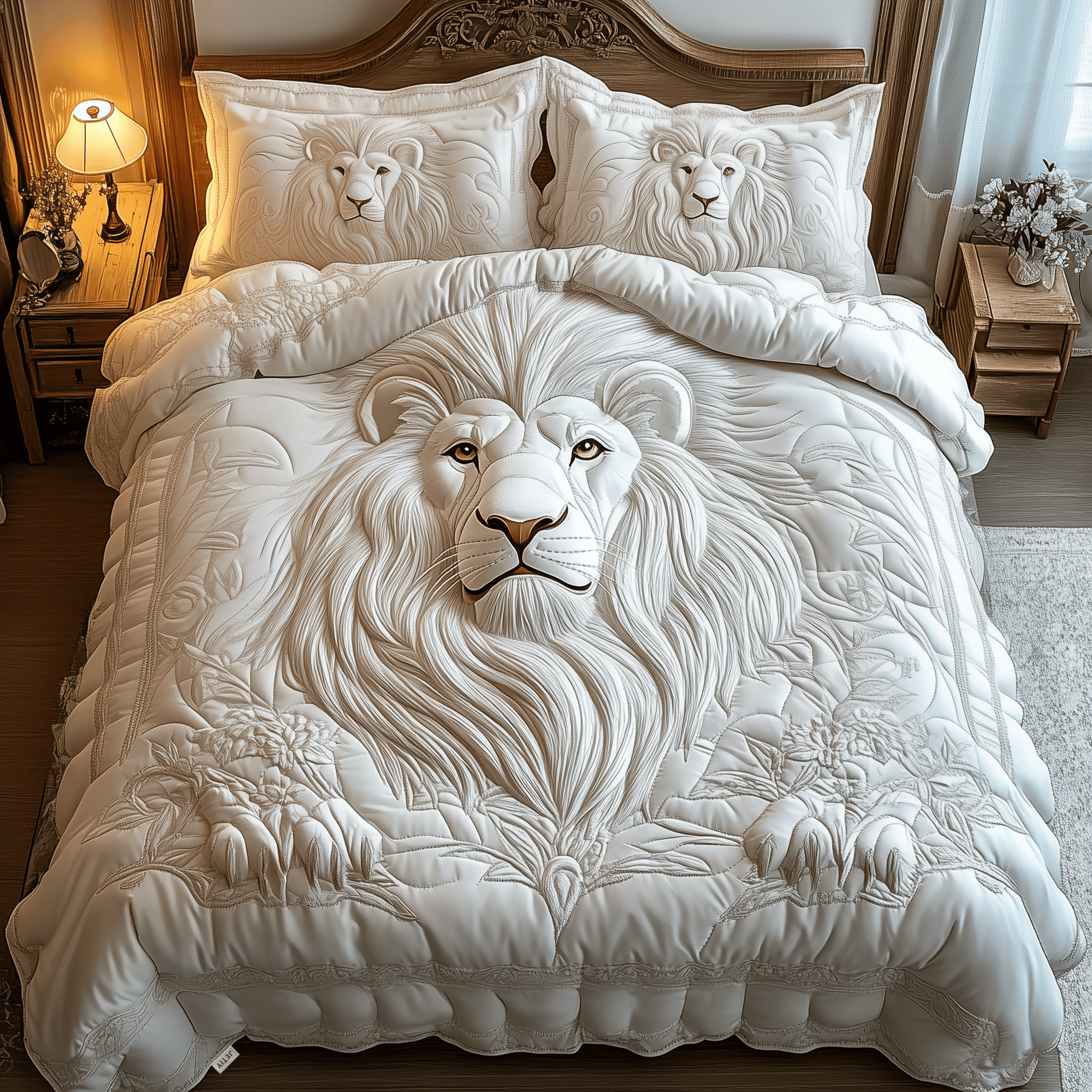 Majestic Lion Quilted Bedding Set Minimalist Animal Portrait Bedspreads King Gift For Mom