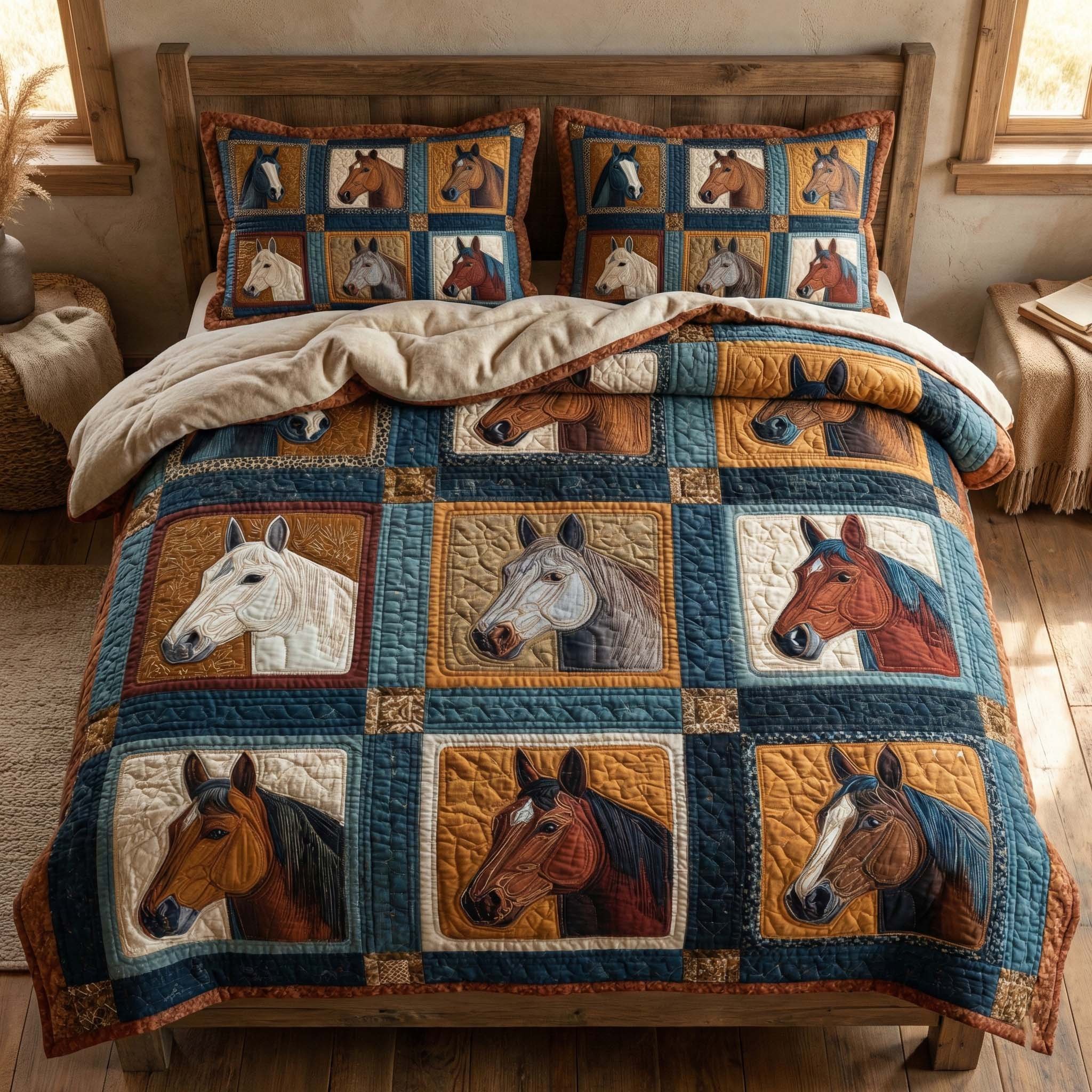 Western Portraits Quilted Bedding Set Mosaic Horse Comforter Sets Gift For Him