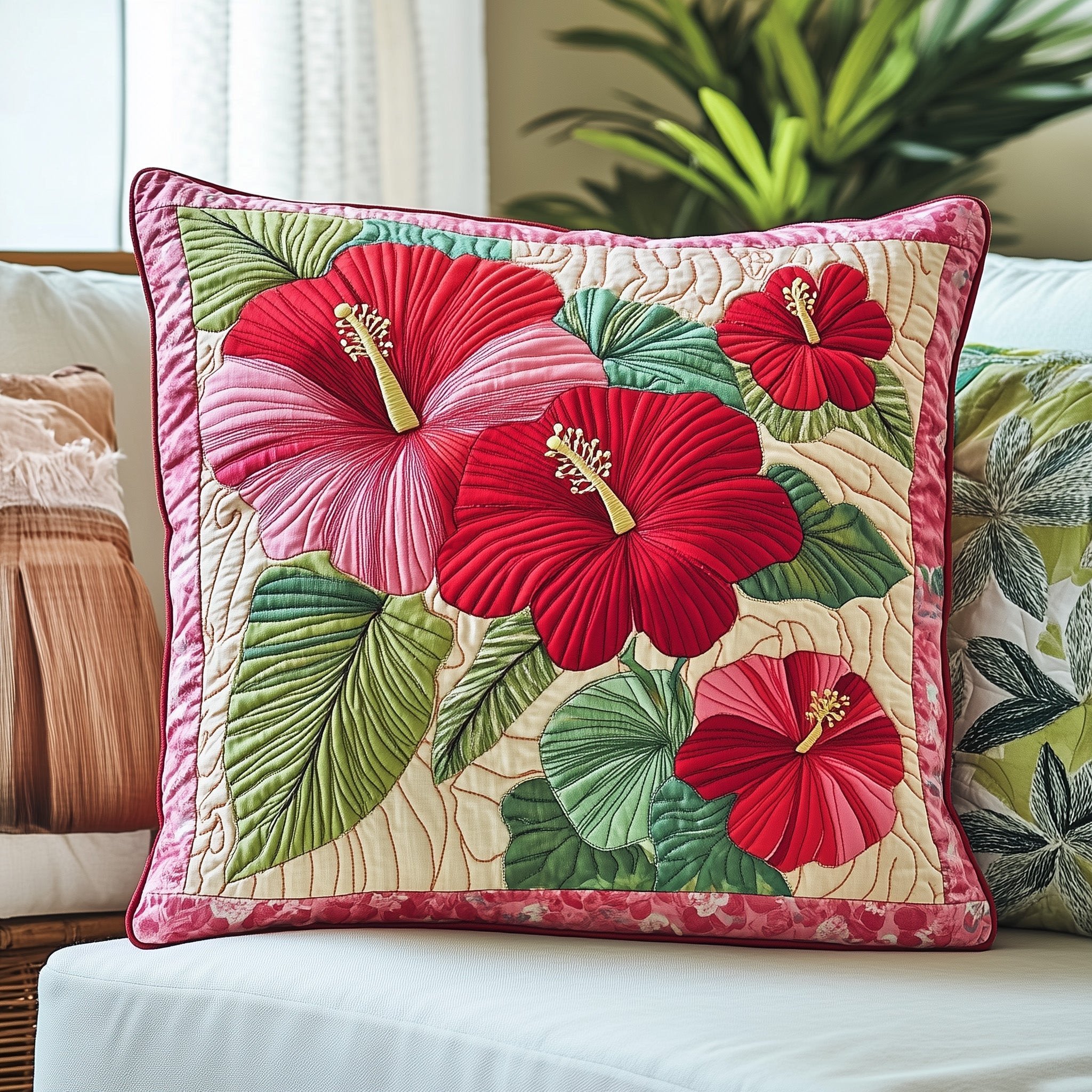 Hibiscus Charm Quilted Pillow Case Colorful Throw Pillows Gifts For Women