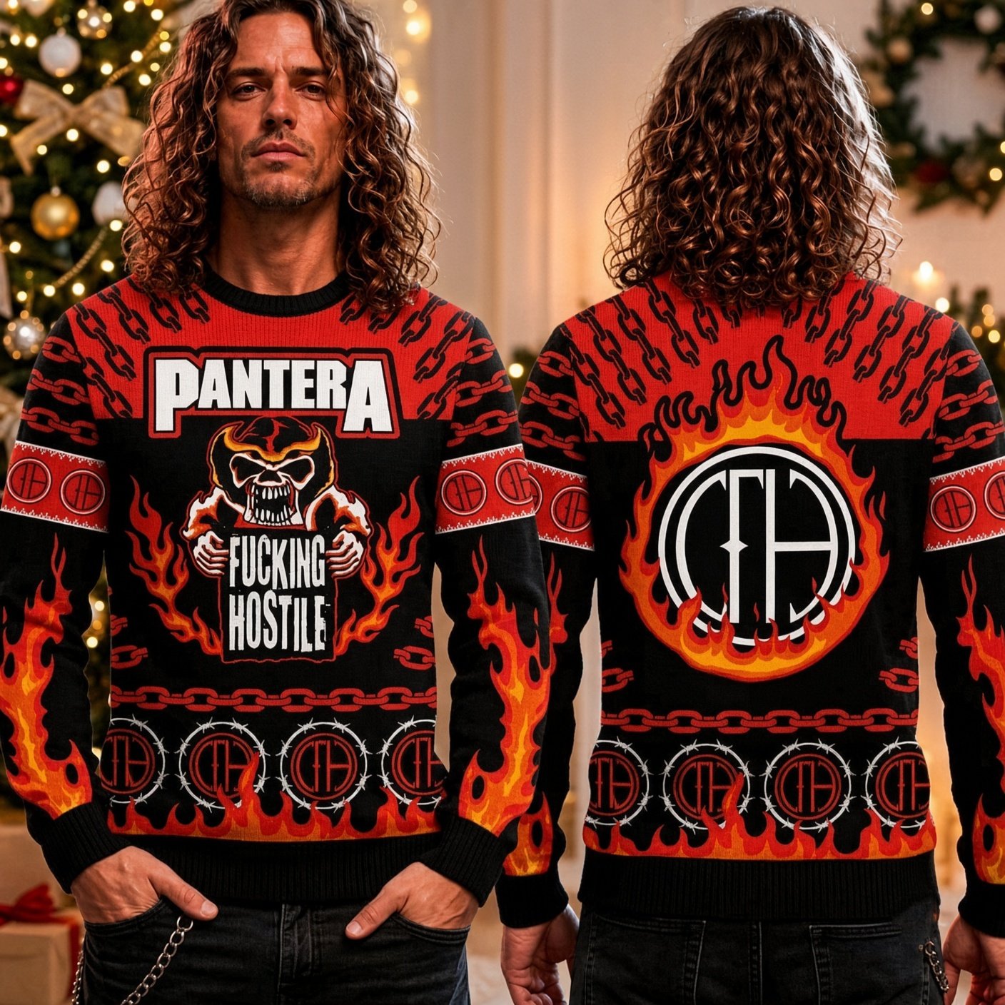 Pantera CFH Cowboys From Hell Skull Fire Xmas Ugly Sweater Pantera Band Xmas Apparel