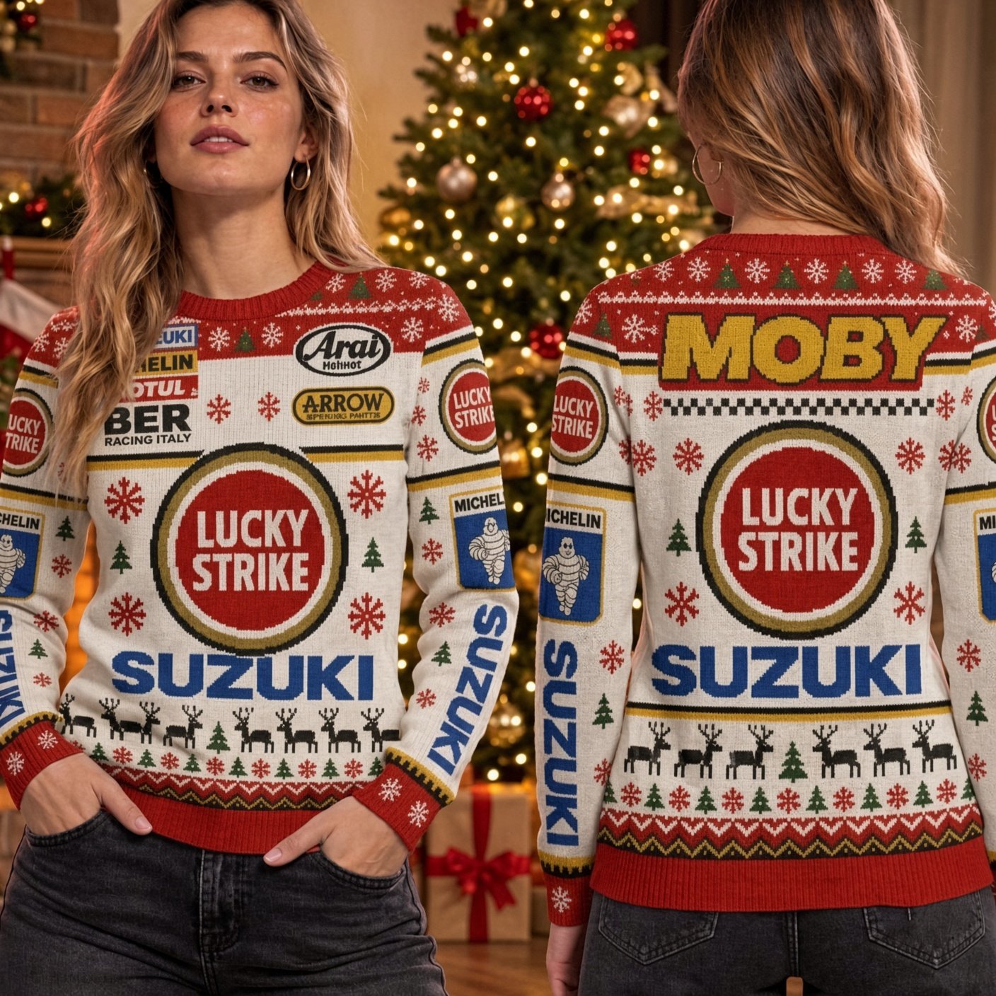Suzuki Racing Lucky Strike Michelin Moby Ugly Christmas Sweater Suzuki Racing Xmas Wear