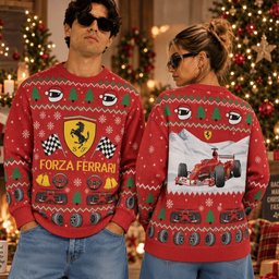 Ferrari Formula 1 Racing Team F1 Car Snow Scene Ugly Christmas Sweater F1 Xmas Attire
