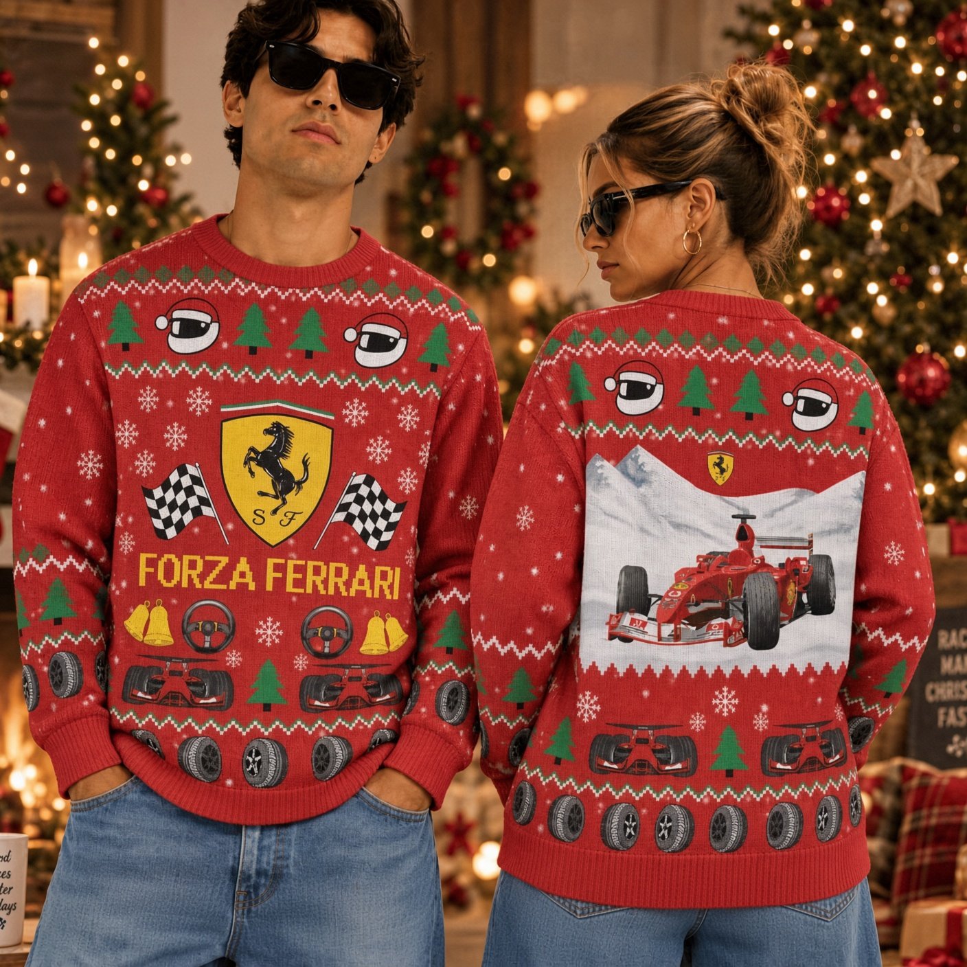 Ferrari Formula 1 Racing Team F1 Car Snow Scene Ugly Christmas Sweater F1 Xmas Attire