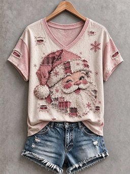 Pink Santa Patchwork Art V-Neck Shirt Women_s Xmas Holiday Clothes Her Gifts