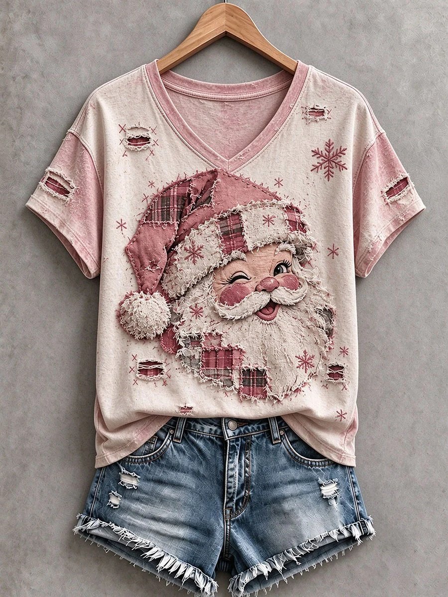 Pink Santa Patchwork Art V-Neck Shirt Women_s Xmas Holiday Clothes Her Gifts