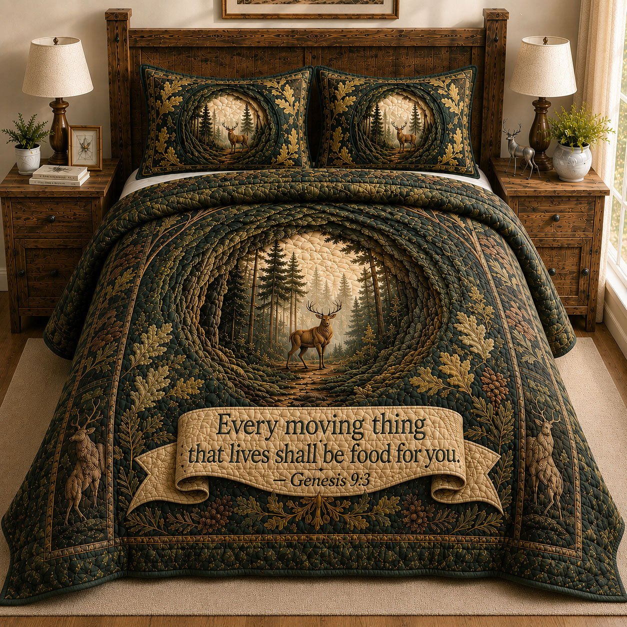 Woodland Deer Blessings Quilted Bedding Set Mystic Forest Bedding Nature Lover Gifts