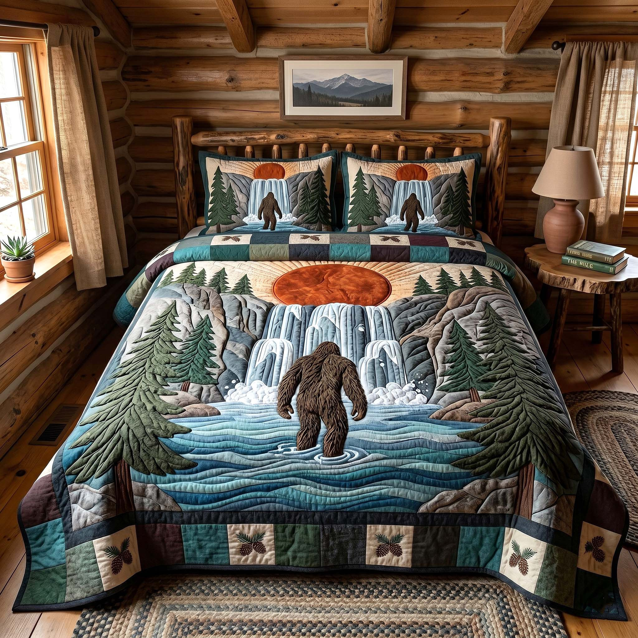 Mystic Sasquatch Quilted Bedding Set  Bigfoot In Woods Twin Bed Sheets Gift For Men