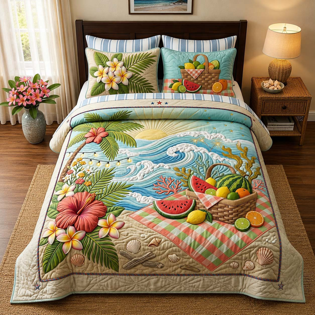 Island Picnic Quilted Bedding Set Tropical Beach Best Duvet Covers Grandma Gifts