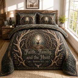 Faith Family And The Hunt Deer Quilted Bedding Set Christian Quilt Set Gifts For Father