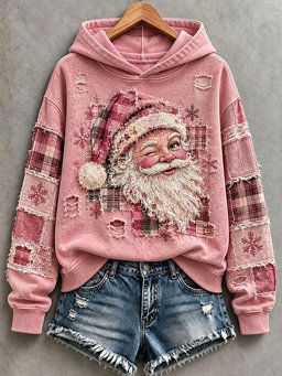 Pink Santa Patchwork Art Hoodie Women_s Vintage Holiday Xmas Outfits Coworkers Gift