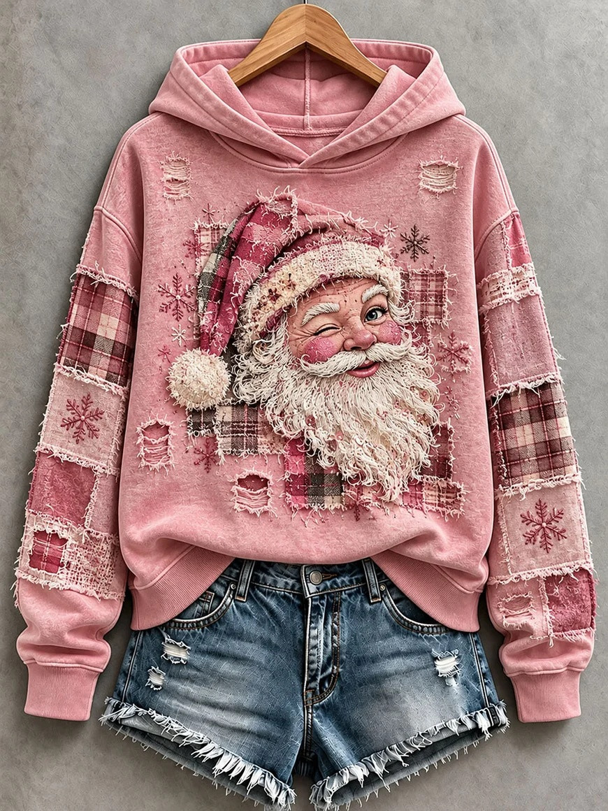 Pink Santa Patchwork Art Hoodie Women_s Vintage Holiday Xmas Outfits Coworkers Gift