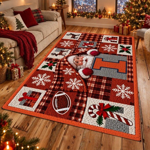Illinois Fighting Illini NCAA Christmas Quilted Area Rug Illinois Holiday Decor Fan Gifts