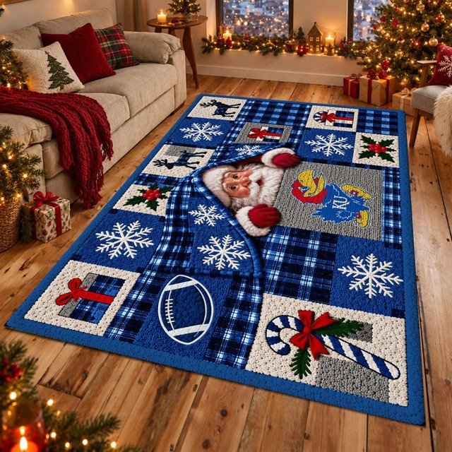 Kansas Jayhawks NCAA Christmas Quilted Area Rug Kansas Holiday Spirit Decor Fan Gifts