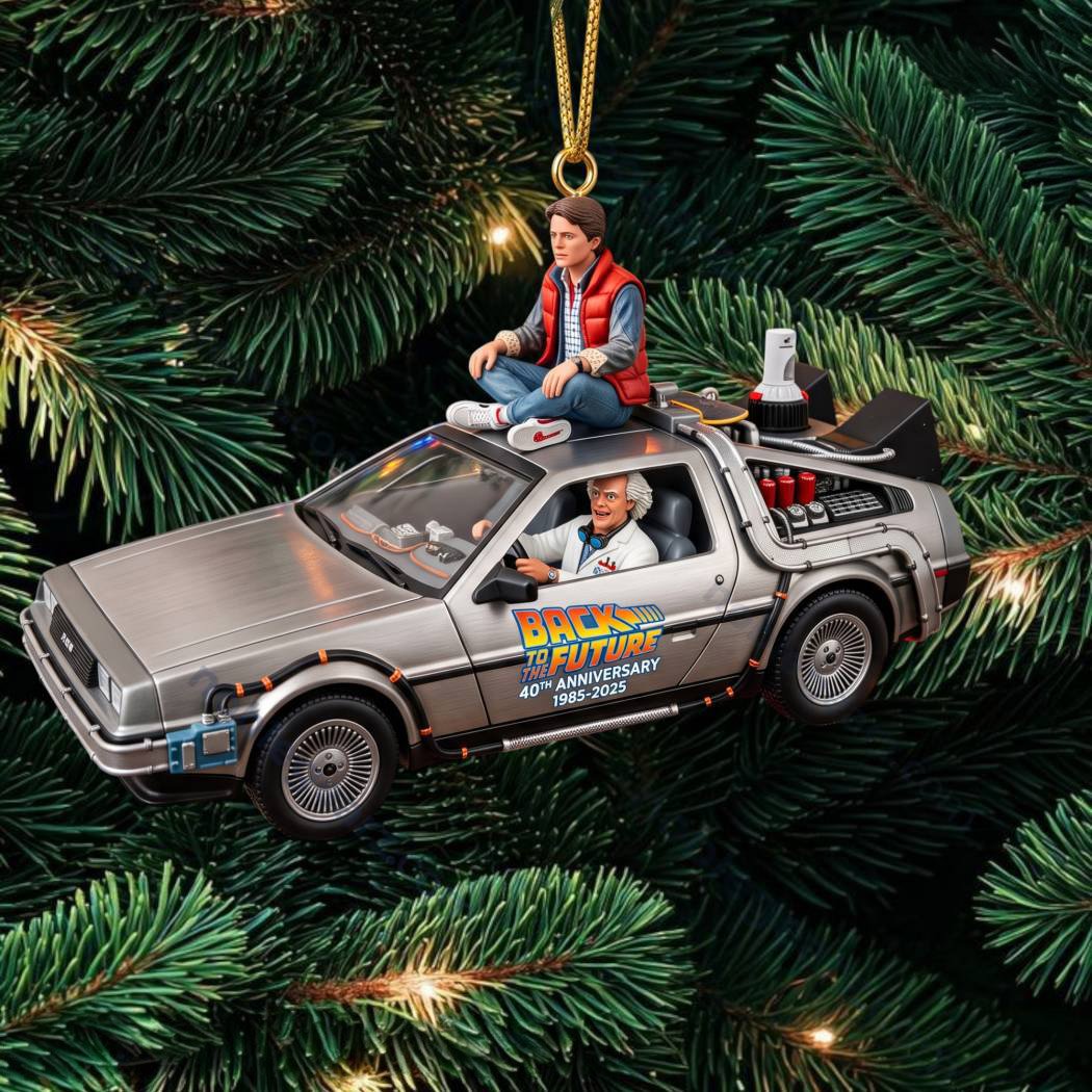 Back To The Future 40th Anniversary Marty And Doc DeLorean Christmas Ornament Xmas Merch