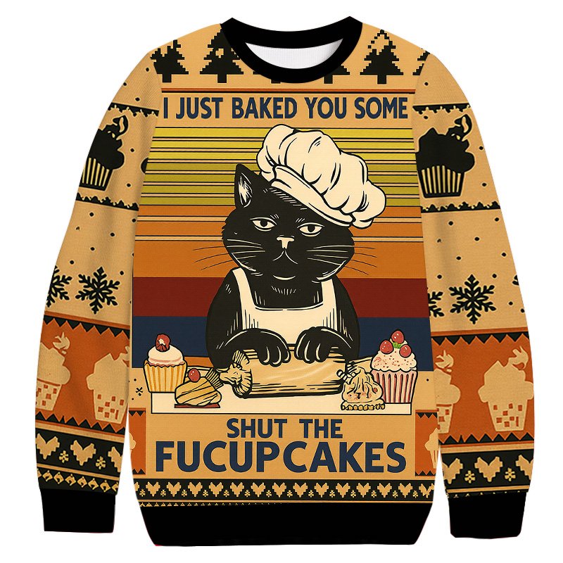 Funny Cat Baking Shut The Fucup Cakes Christmas Ugly Sweater Funny Xmas Outfits_