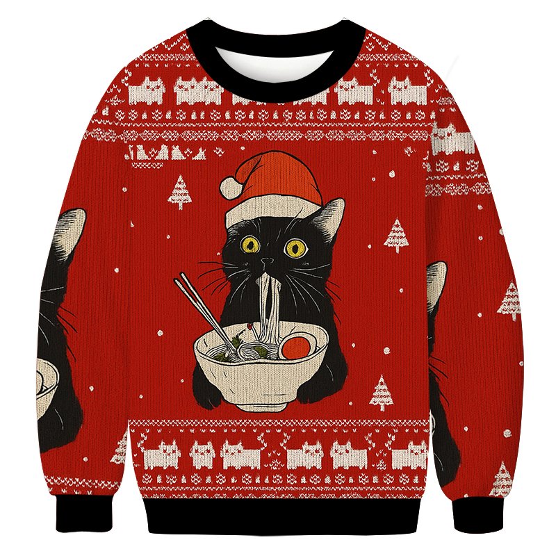 Funny Taking a Cat to Eat Ramen Christmas Ugly Sweater Funny Christmas Clothes Gifts_