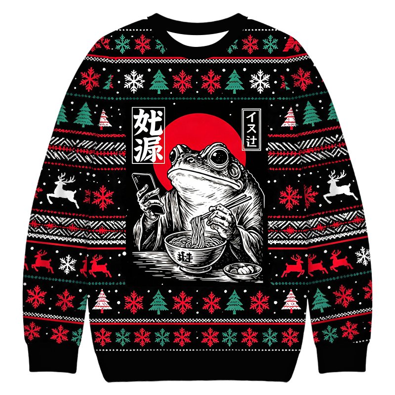 Funny Grumpy Frog Eat Ramen and Scroll Phone Christmas Ugly Sweater Funny Christmas Gear
