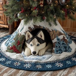 Winter Watch Husky Christmas Quilted Tree Skirt Dog Owners Christmas Holiday Decor Gifts