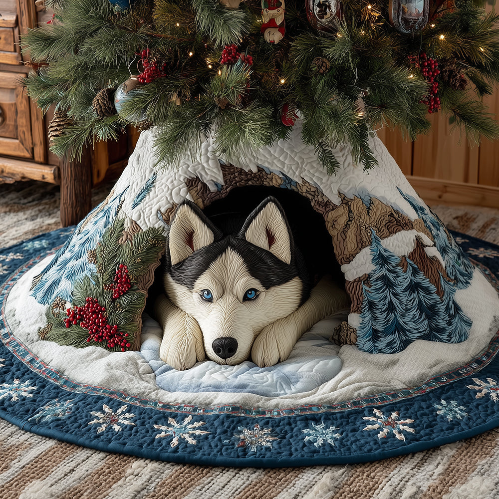 Winter Watch Husky Christmas Quilted Tree Skirt Dog Owners Christmas Holiday Decor Gifts