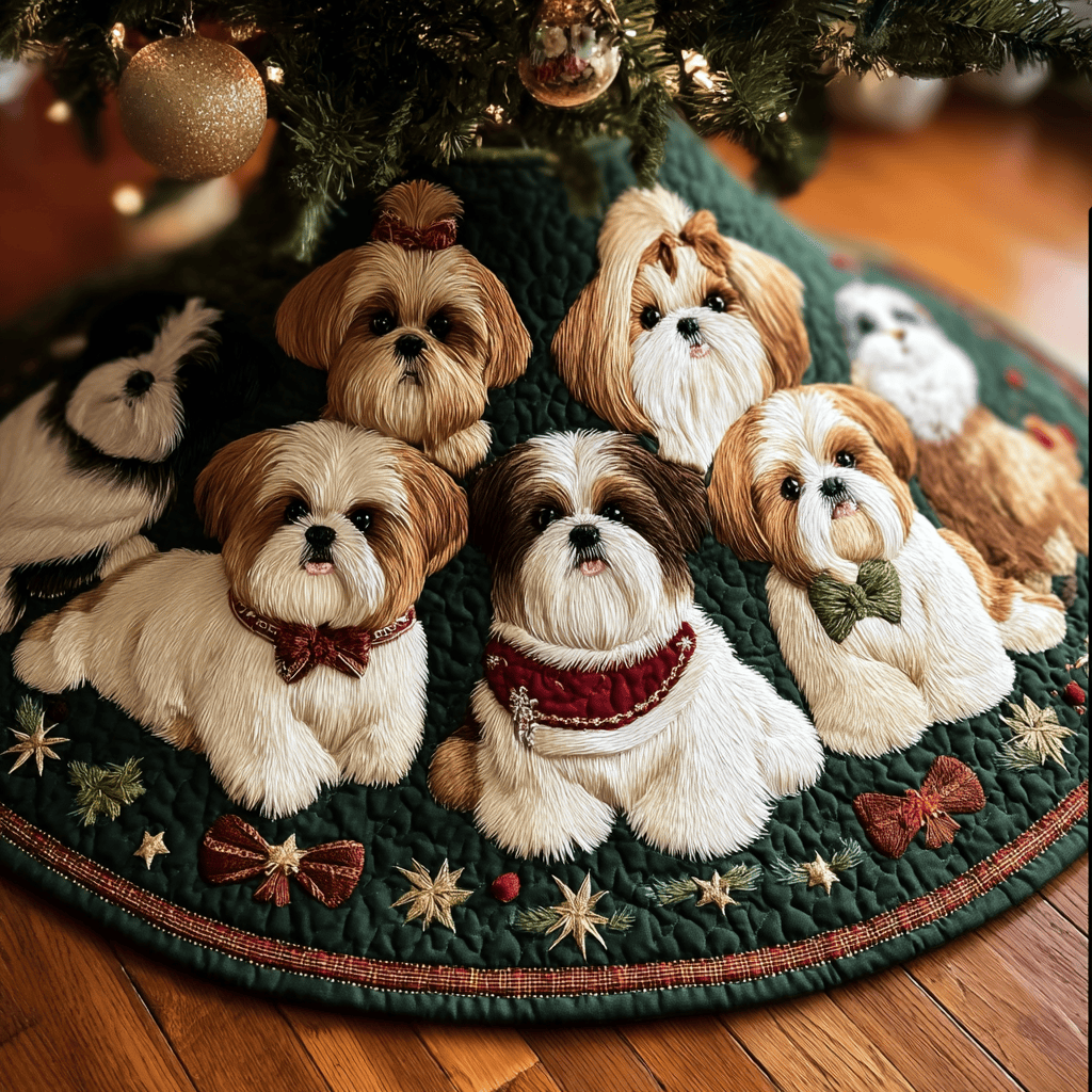 Lovely Shih Tzu Christmas Quilted Tree Skirt Christmas Dogs Fan Tree Skirt Gifts