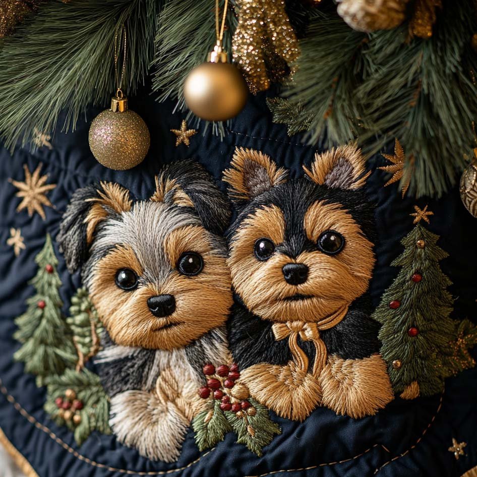 Festive Yorkie Quilted Christmas Tree Skirt Christmas Dogs Lover Decor Gift