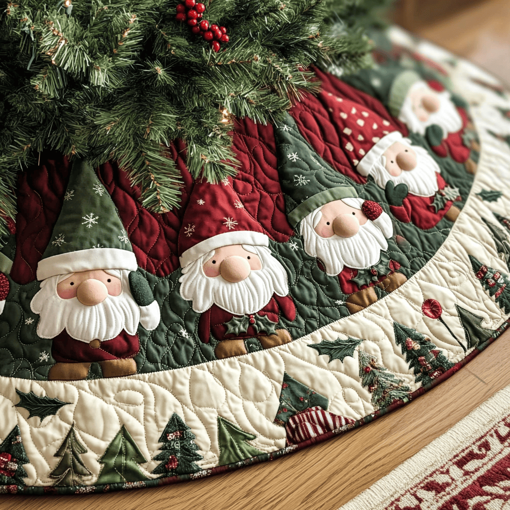 Cozy Gnomes Quilted Christmas Tree Skirt Christmas Tree Decoration Lovers Gift