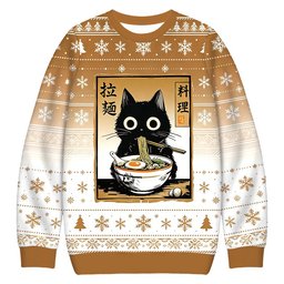 Cute Black Cat Eating Ramen Christmas Ugly Sweater Black Cat Christmas Outfits Gifts