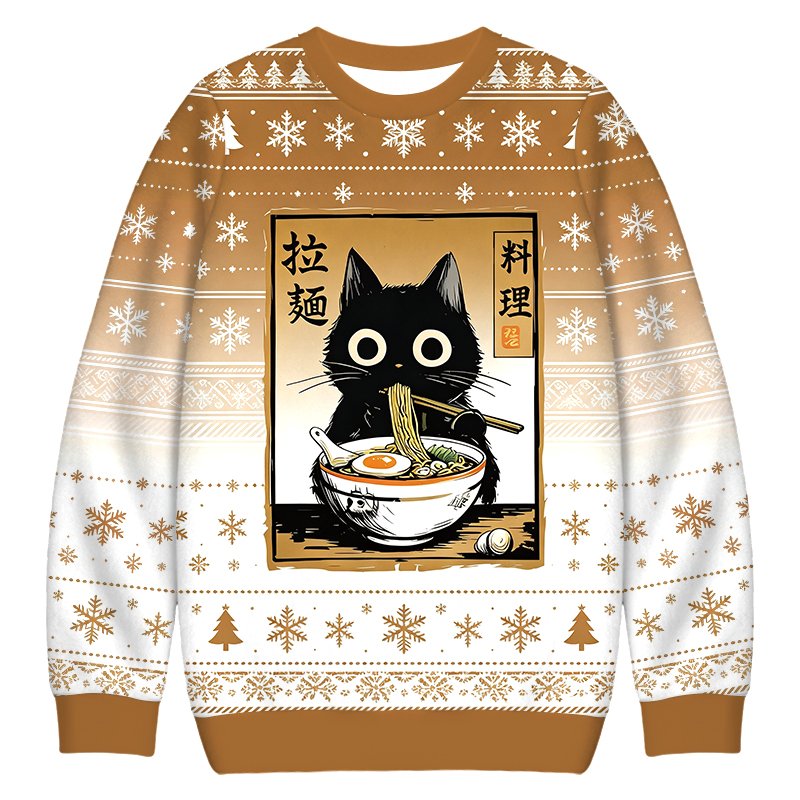 Cute Black Cat Eating Ramen Christmas Ugly Sweater Black Cat Christmas Outfits Gifts