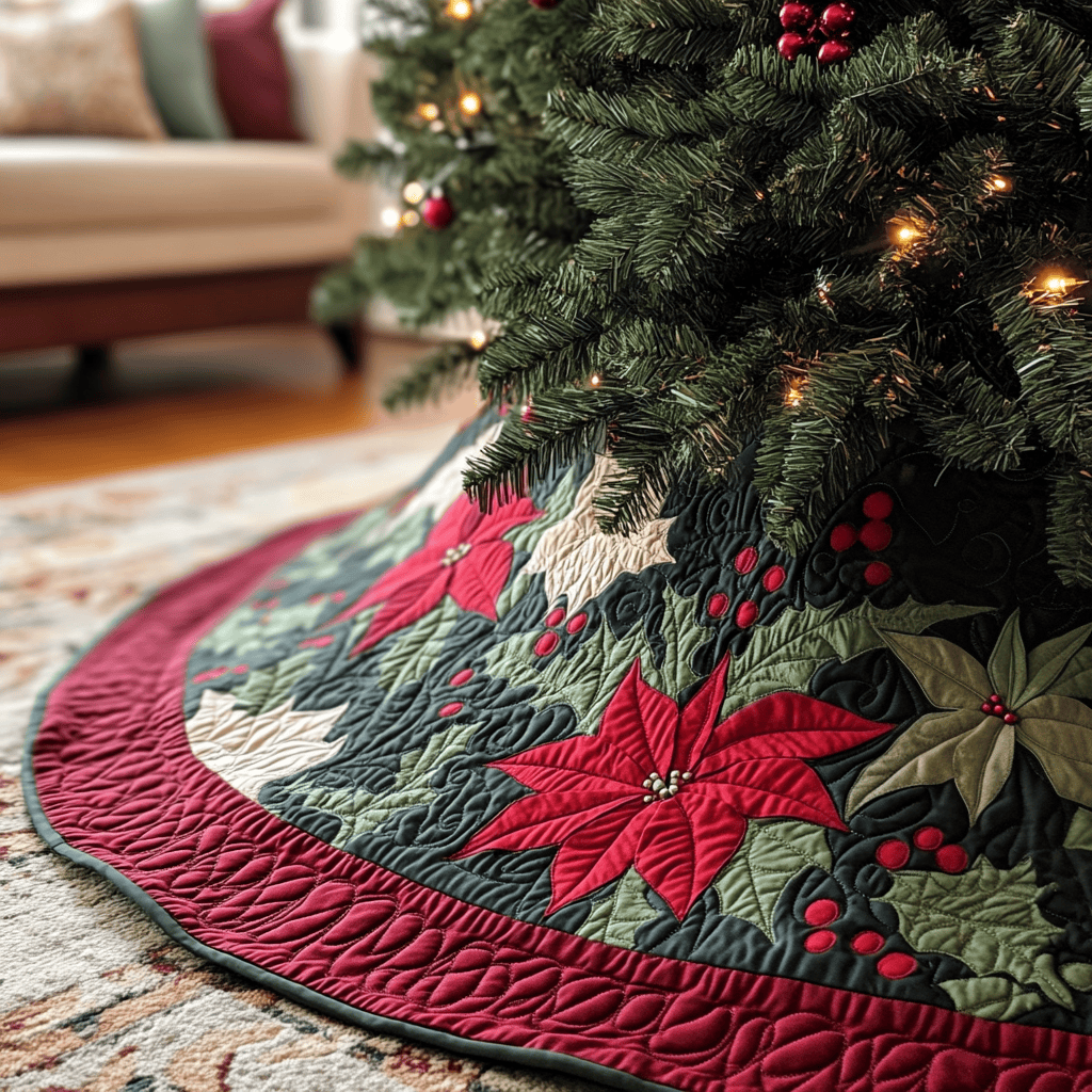 Winter Poinsettia Christmas Quilted Tree Skirt Christmas Decor Gifts For Maef Lovers