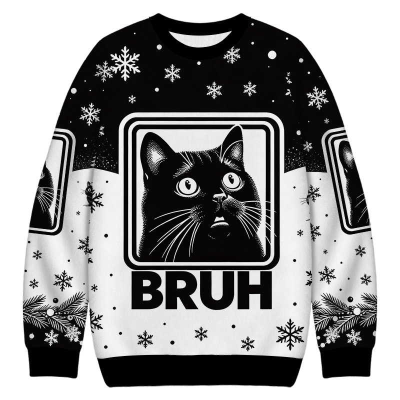 BRUH Cat Christmas Ugly Sweater Funny Xmas Apparel Gift For Cat Lovers