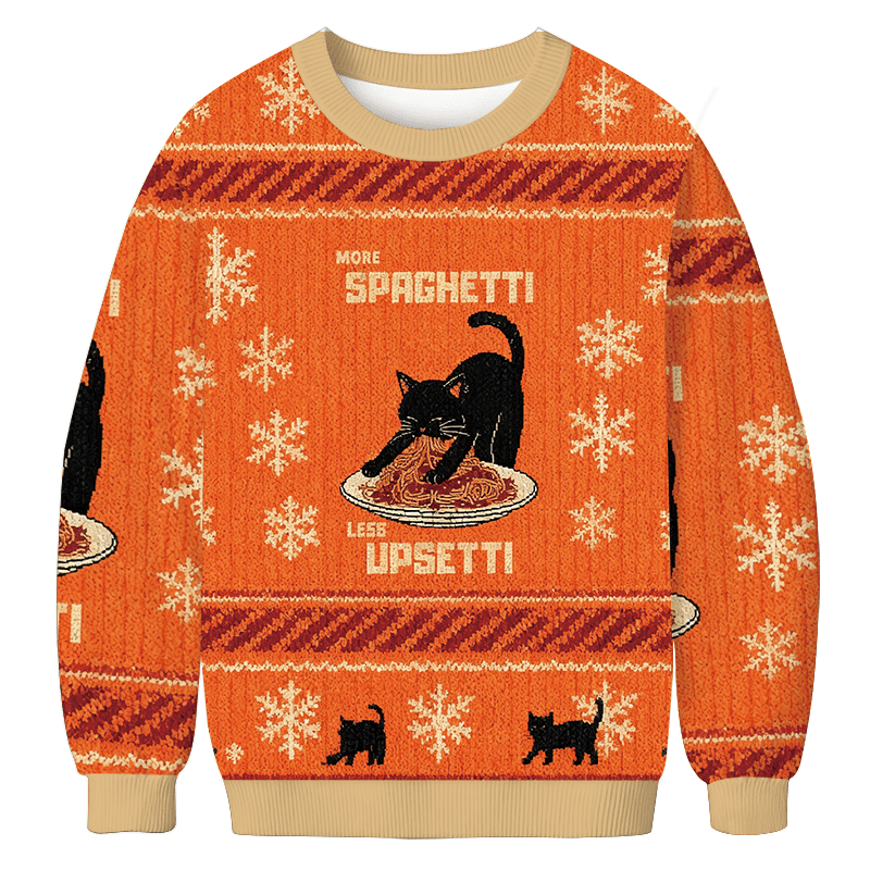 Cat Eating Spaghetti Funny Christmas Ugly Sweater Funny Xmas Outfits Cat Lovers Gifts