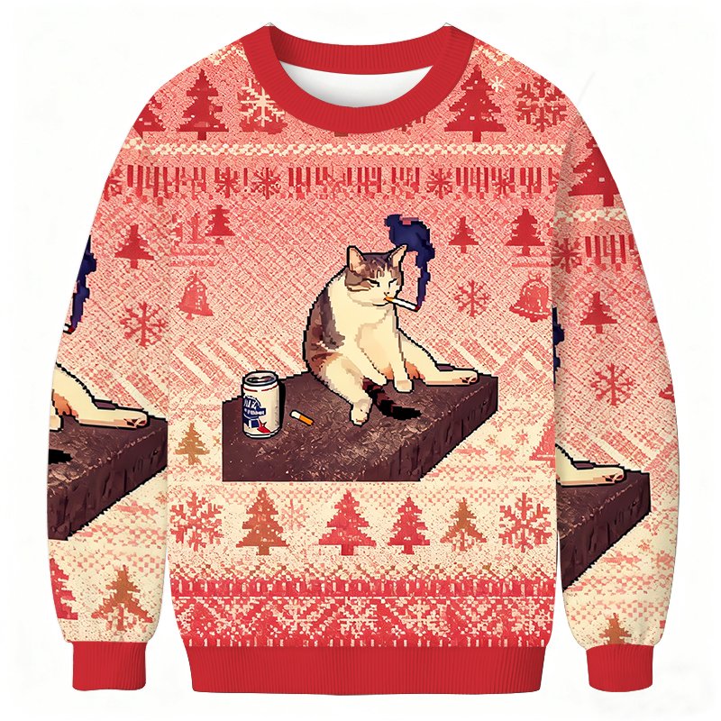 Cigarette Kitten Funny Smoking Cat Meme Christmas Ugly Sweater Funny Xmas Attire Gift