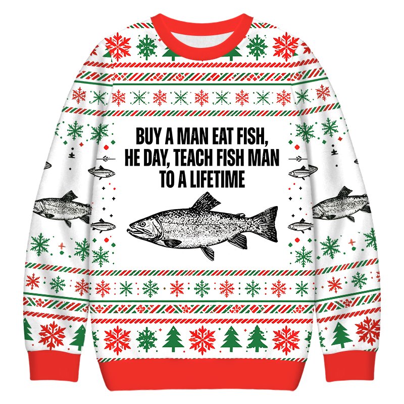 Buy A Man Eat Fish Funny Meme Christmas Ugly Sweater Funny Xmas Clothing Gifts