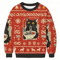 Cute Cat Eating Ramen Christmas Ugly Sweater Funny Xmas Apparel Gifts For Sister