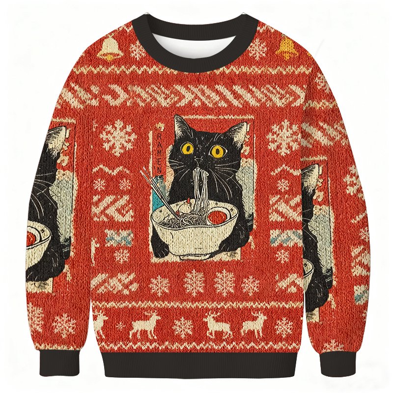 Cute Cat Eating Ramen Christmas Ugly Sweater Funny Xmas Apparel Gifts For Sister