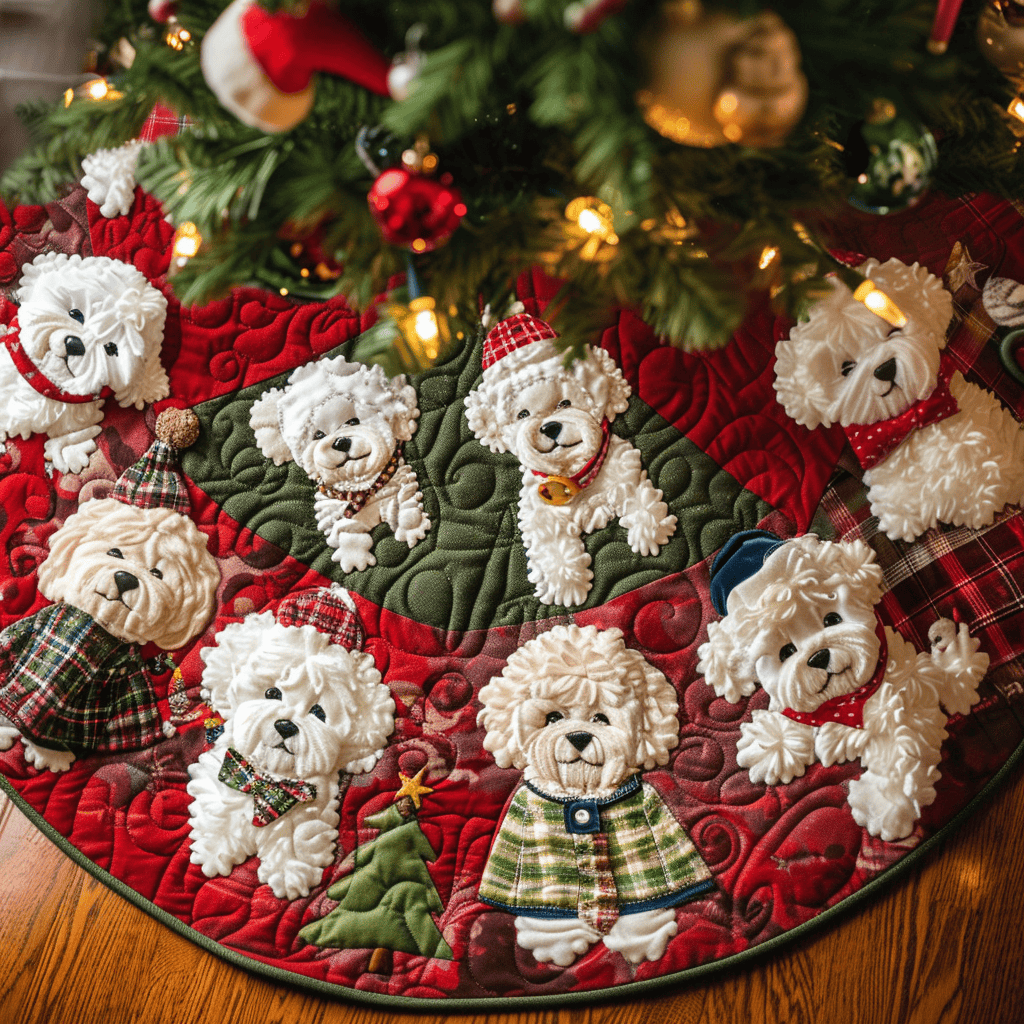 Bichon Christmas Quilted Tree Skirt Christmas Tree Base Cover Gift For Dog Lovers